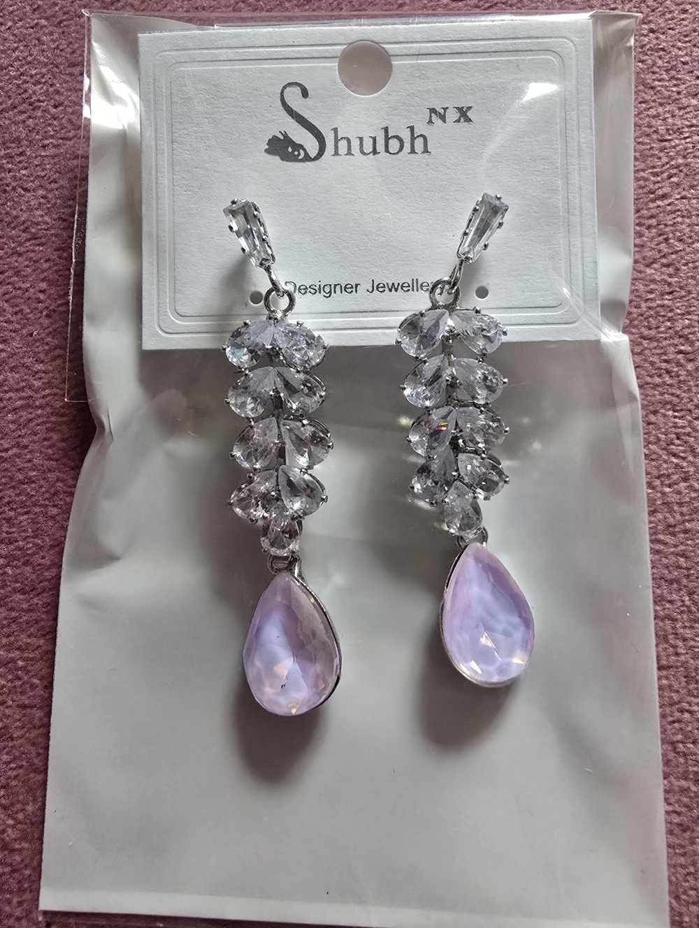 Shubh NX Lavender Teardrop Crystal Cascade Earrings Lilac Purple